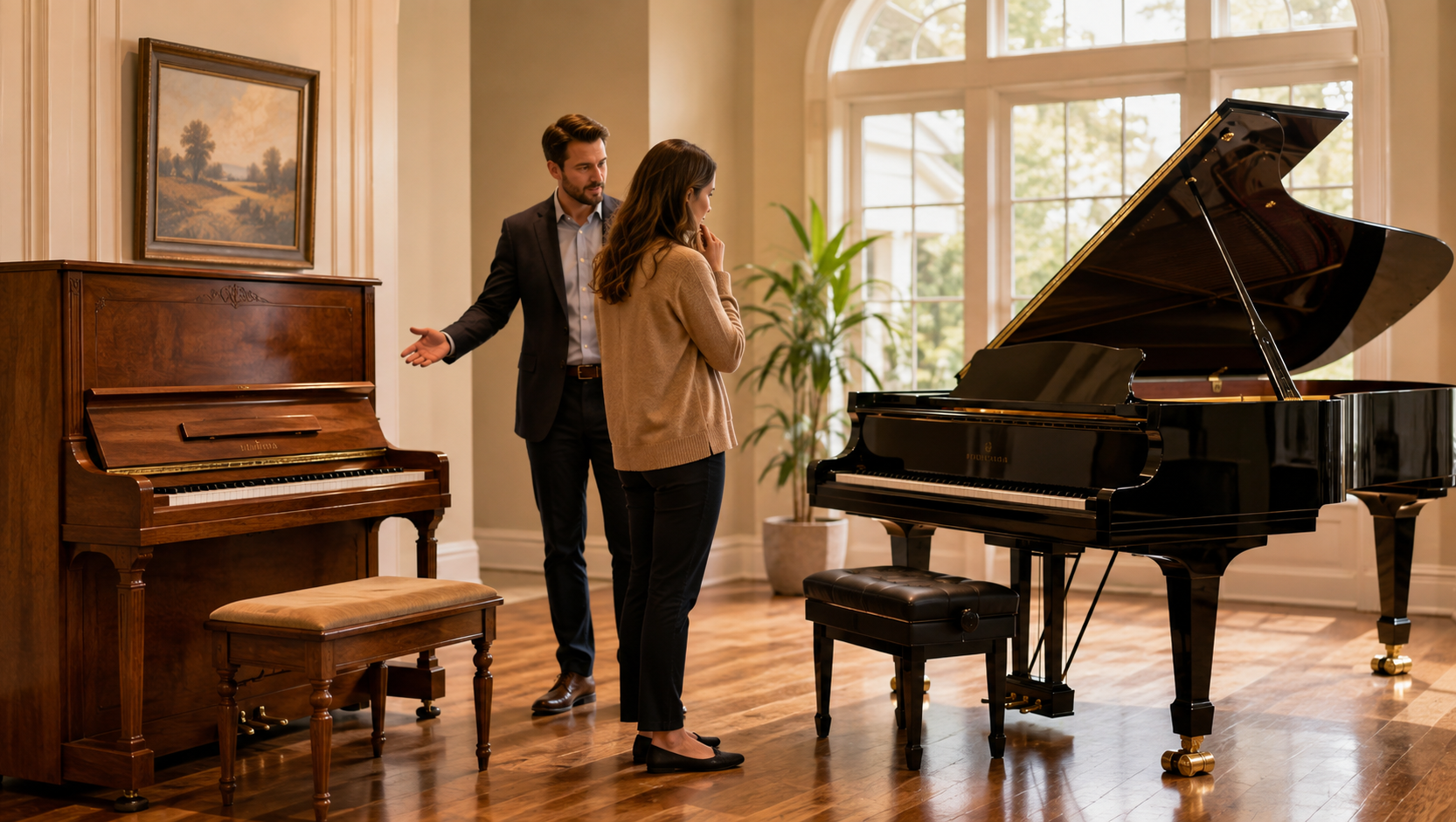 par står och väljer mellan piano och flygel